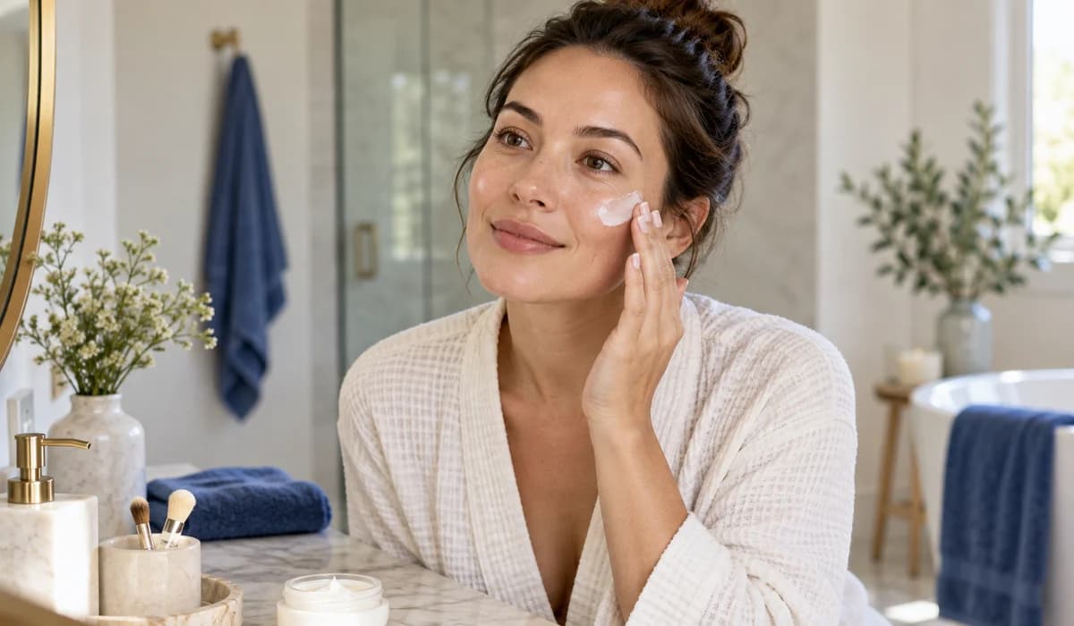 Woman following a simple morning skincare routine
