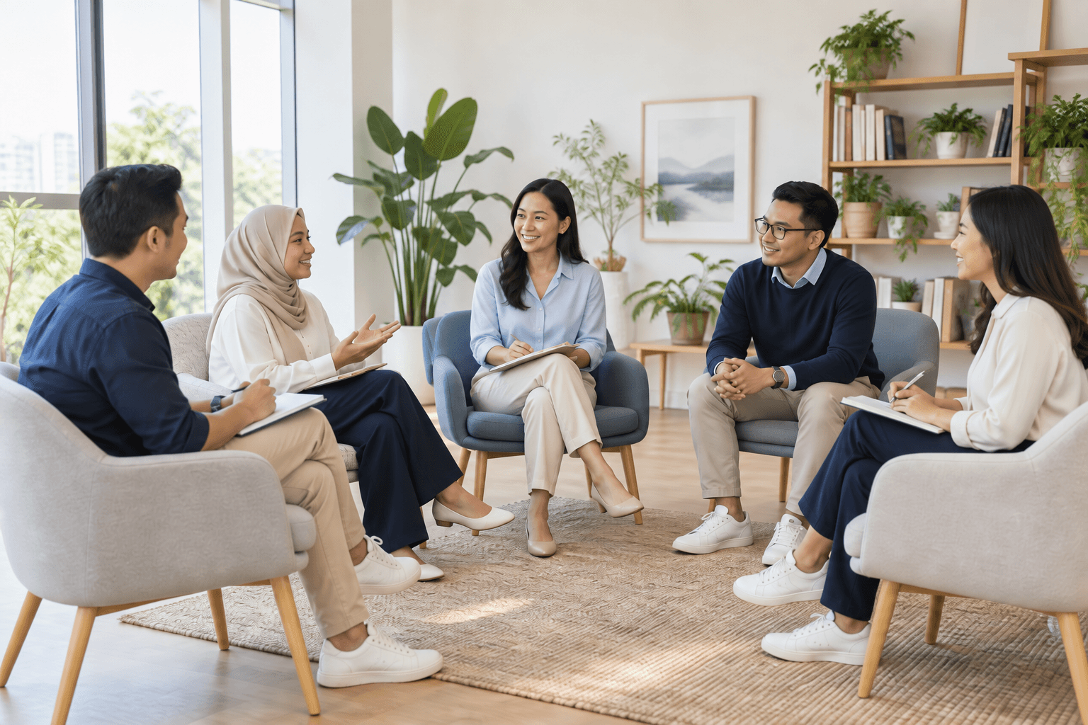 Five professionals seated in a circle sharing ideas and taking notes in a bright learning room