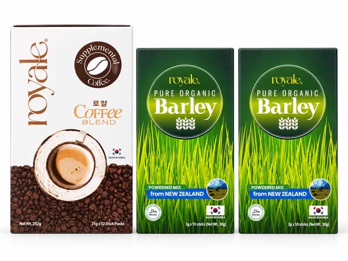 Royale Morning Reset Kit with one Royale Blend Coffee and two Pure Organic Barley packs