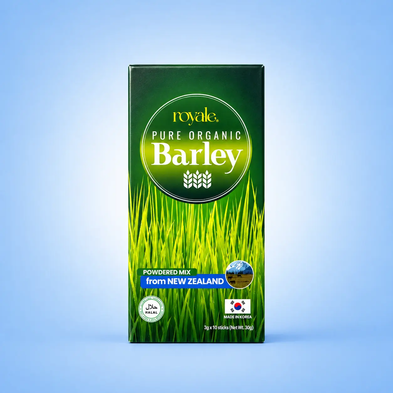 Royale Pure Organic Barley box with New Zealand wording, Halal mark, Made in Korea and 3 g × 10 sticks
