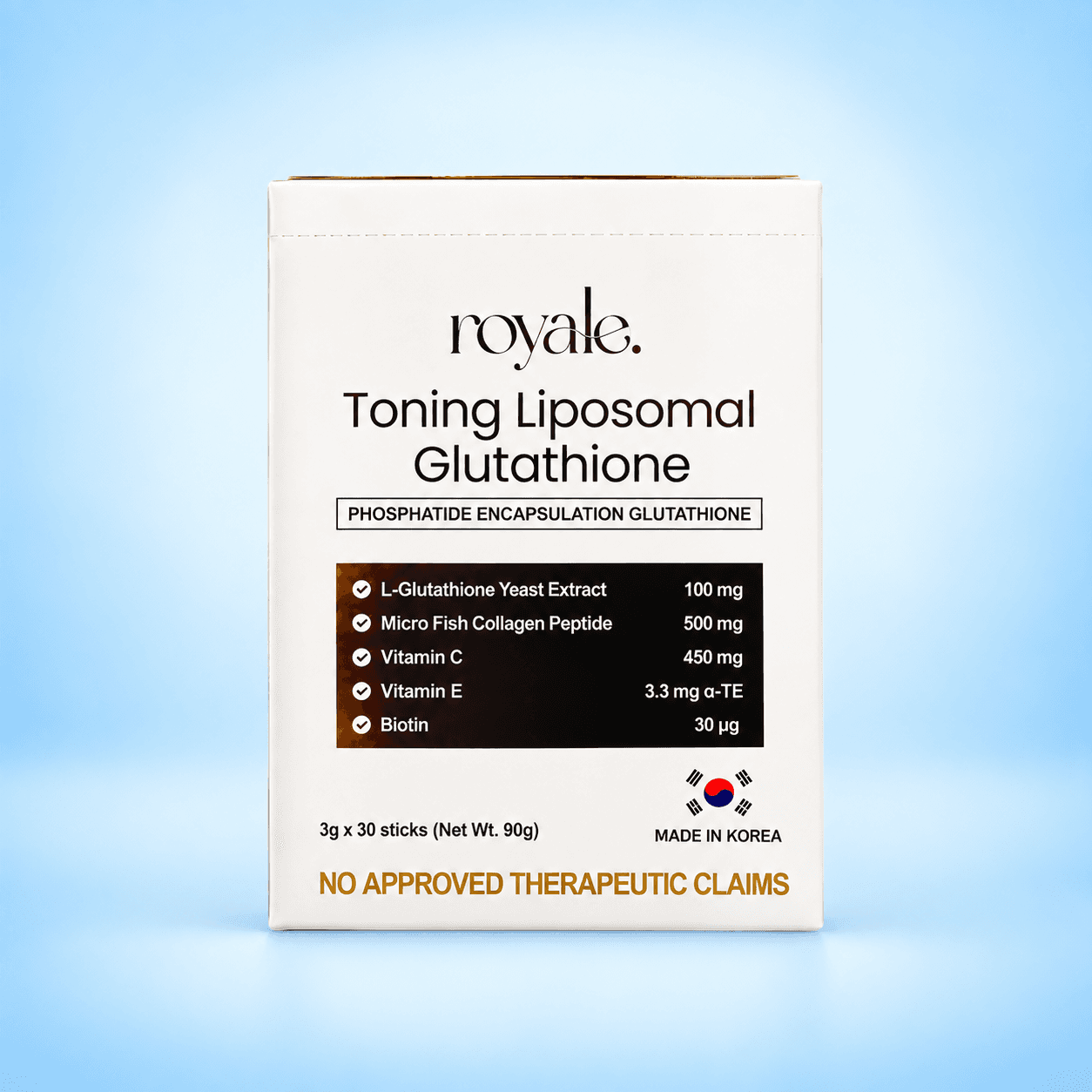 Royale Toning Liposomal Glutathione box showing ingredient amounts, 3 g × 30 sticks, Made in Korea and No Approved Therapeutic Claims