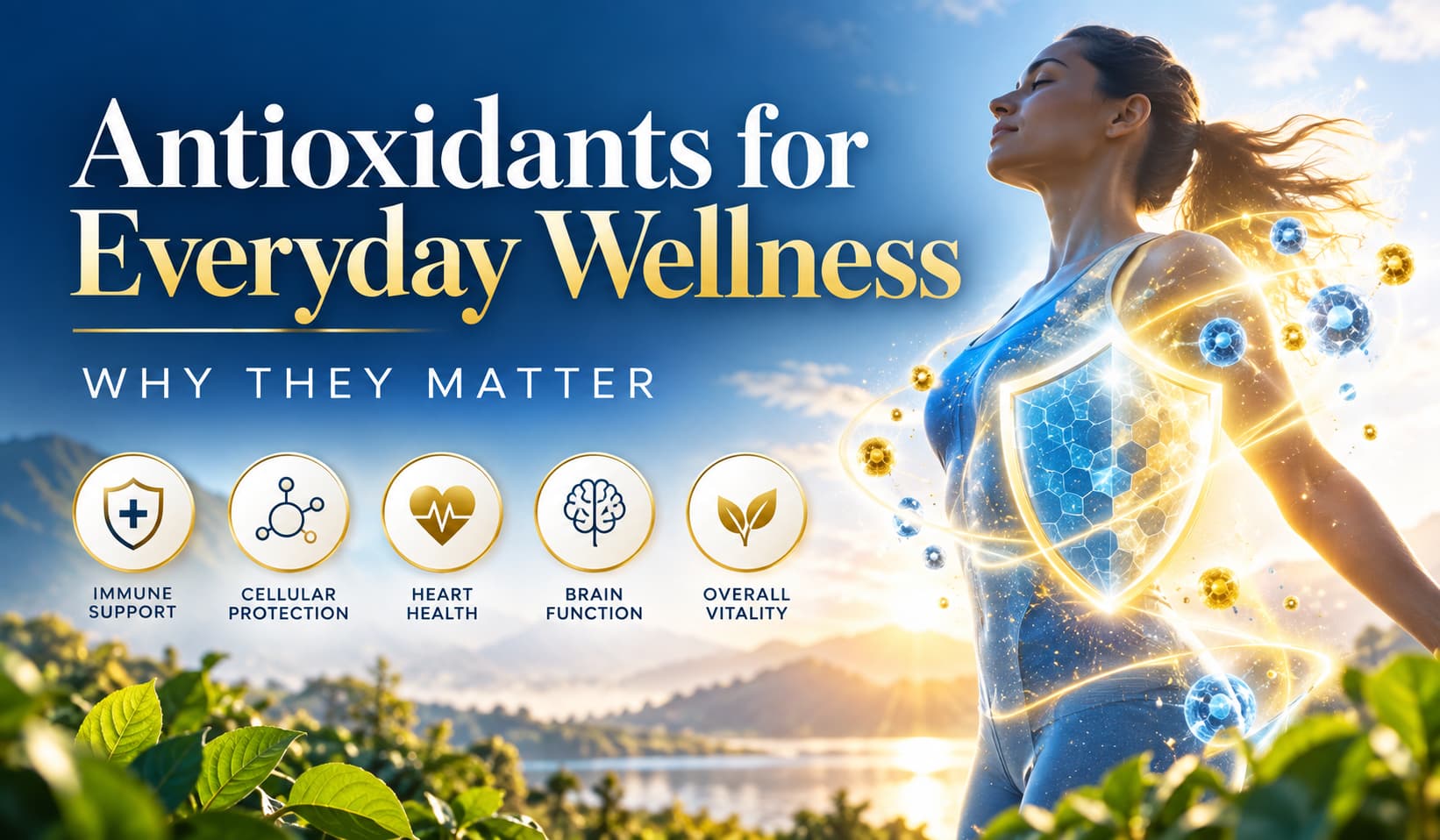 Antioxidants for everyday wellness illustration with a woman, protective shield and molecular graphics