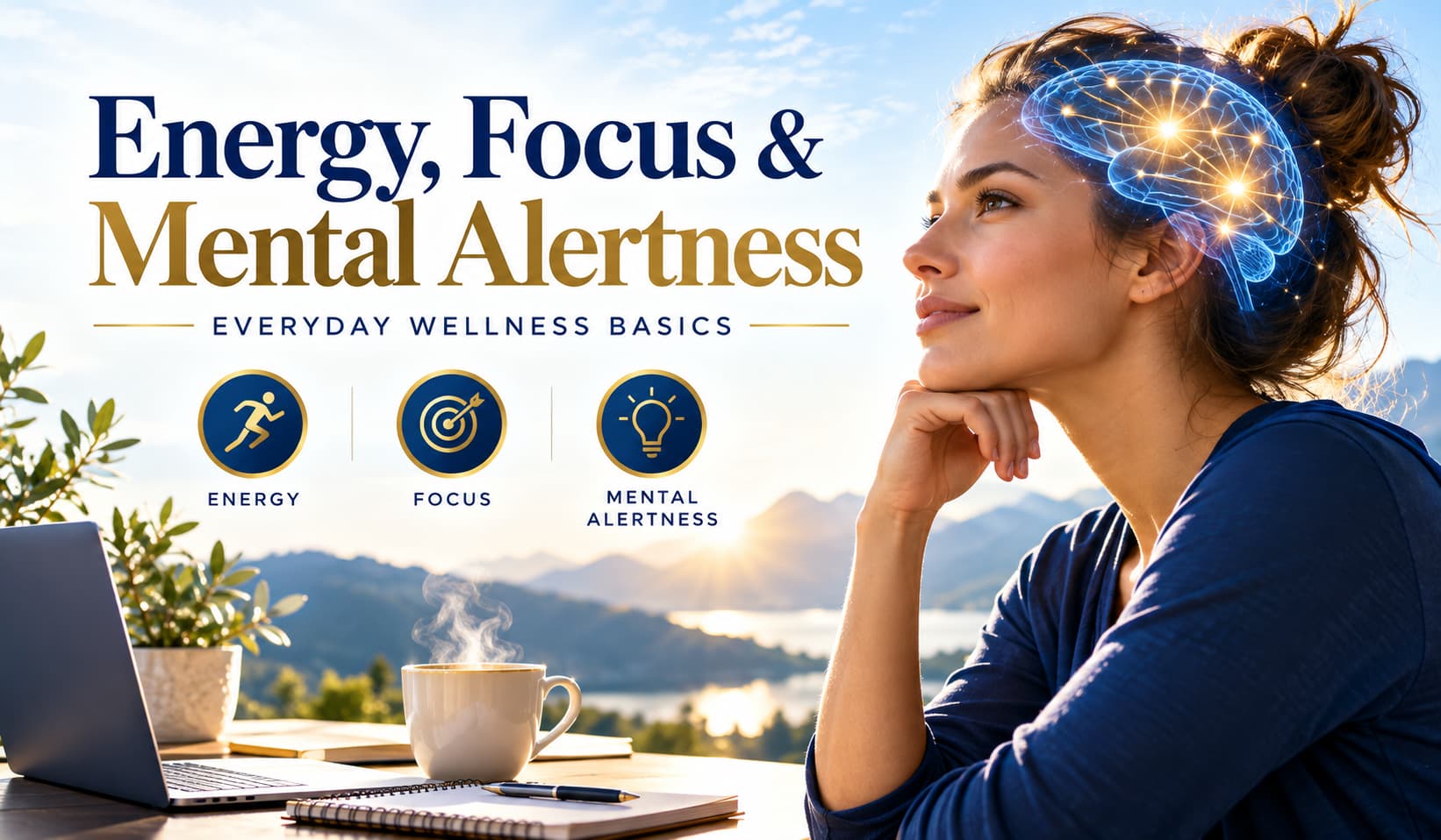 Energy, focus and mental alertness illustration with a woman, coffee, notebook and laptop