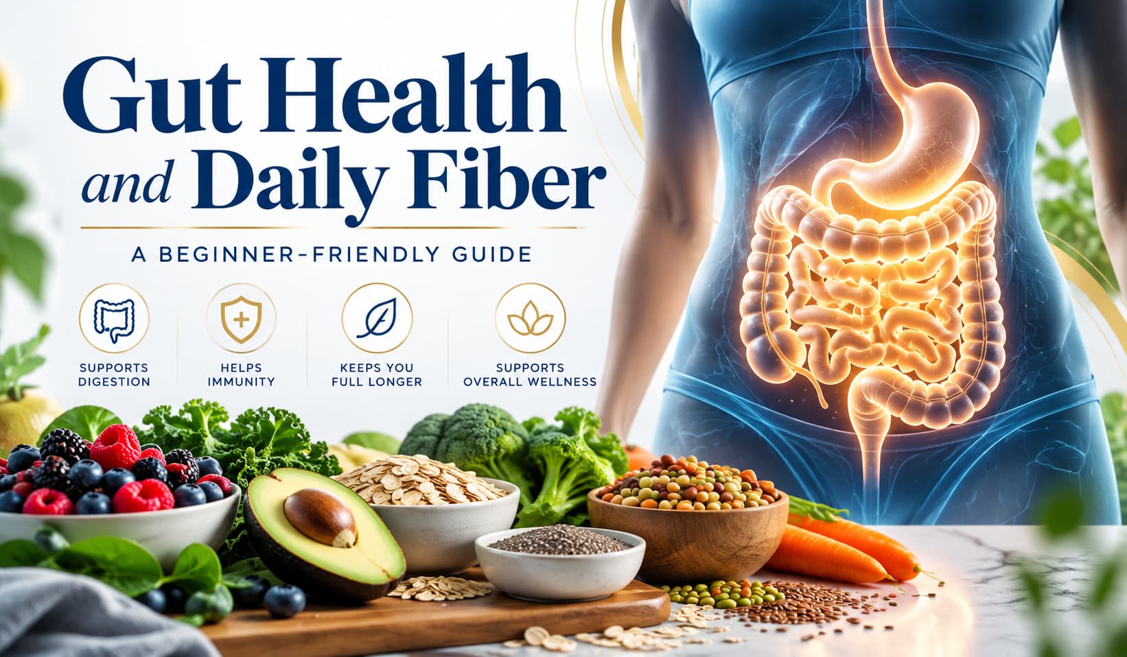 Gut health and daily fiber illustration with digestive anatomy, oats, seeds, fruits and vegetables