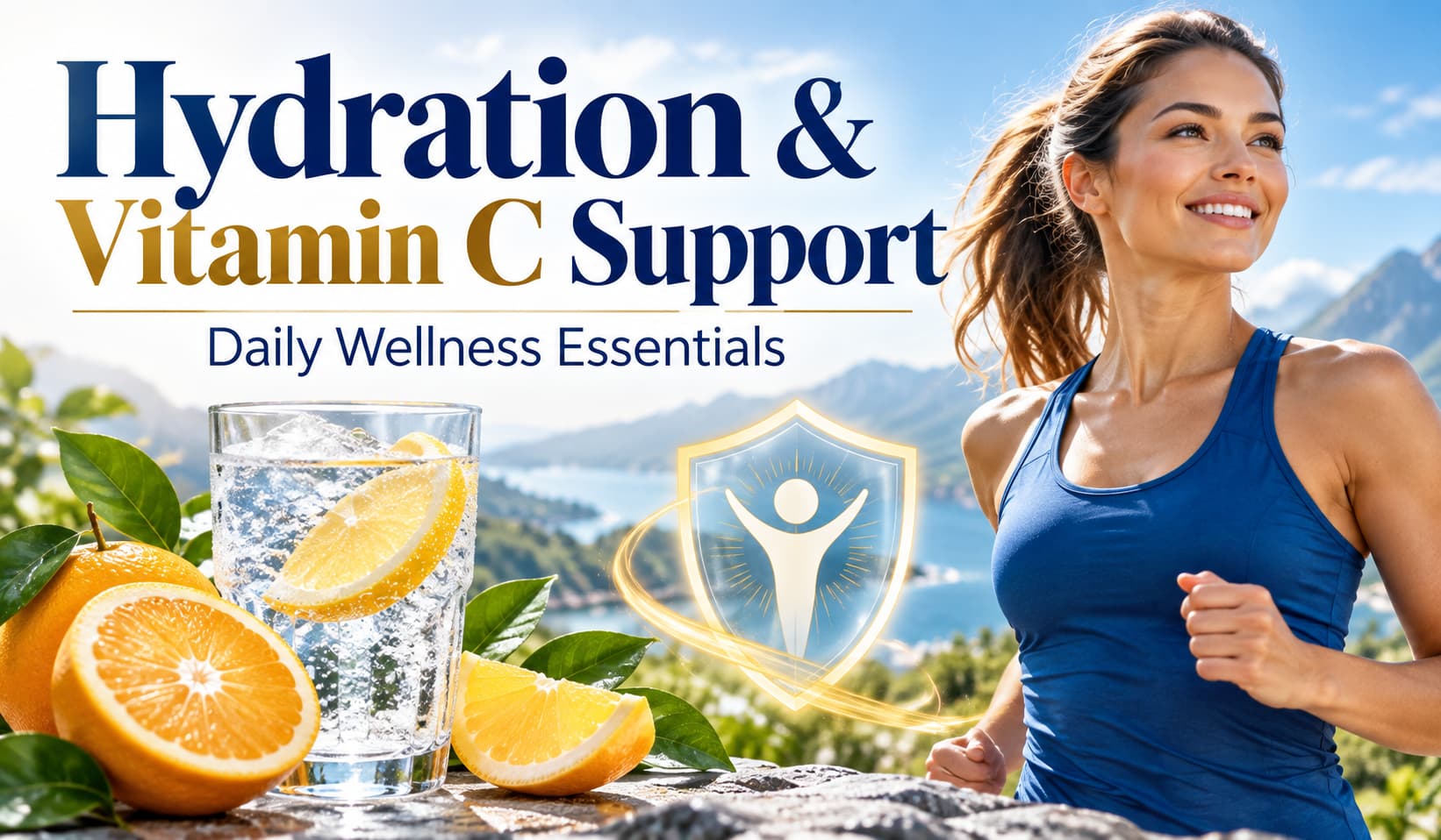 Hydration and Vitamin C illustration with citrus fruit, a glass of water and a woman outdoors