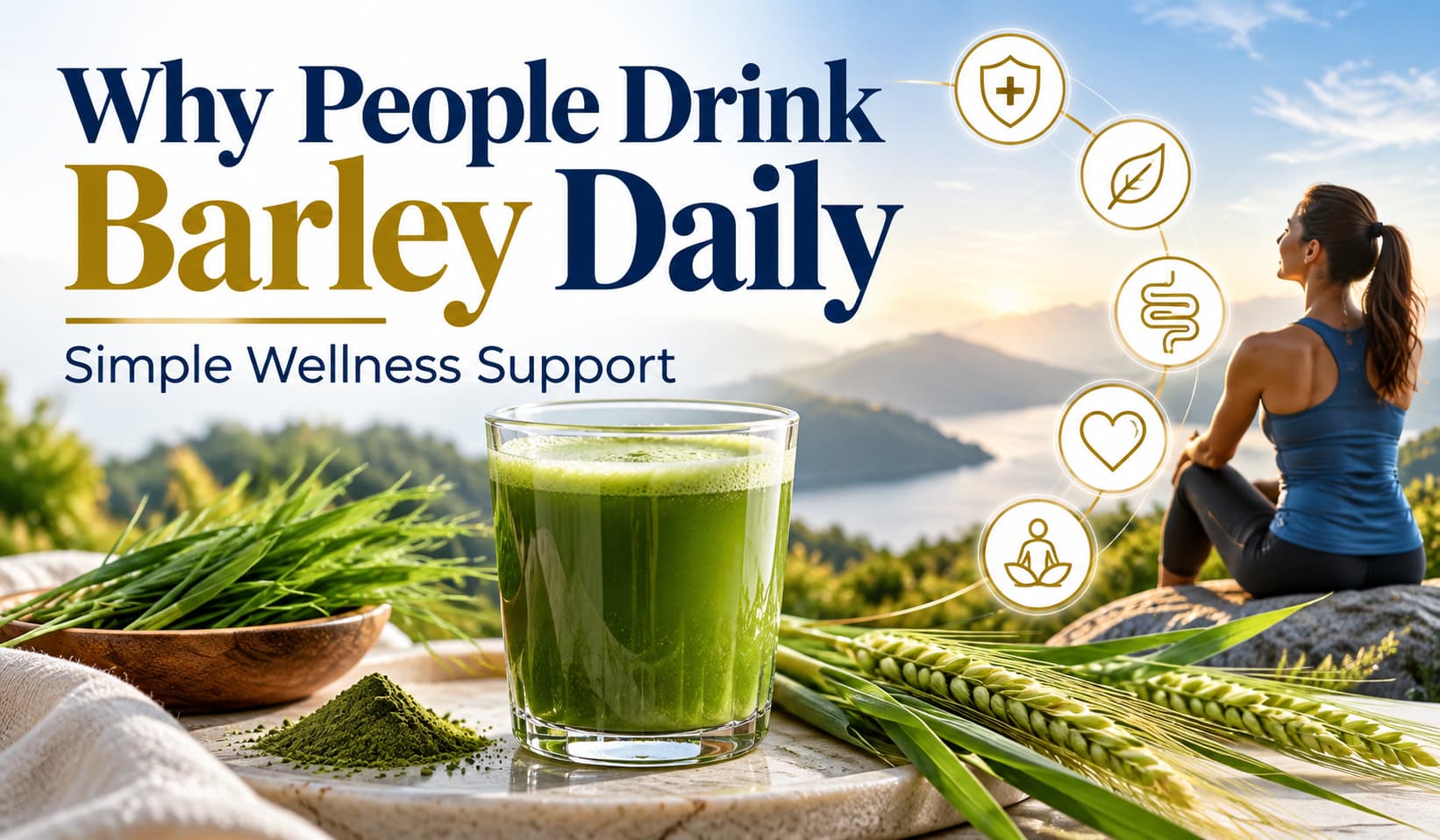 Barley drink wellness illustration with a glass of green drink, barley grass and a woman outdoors