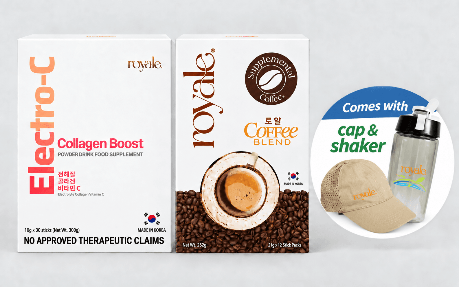 Royale Charged Up Kit with Royale Blend Coffee, Electro-C Collagen Boost, a cap and a shaker
