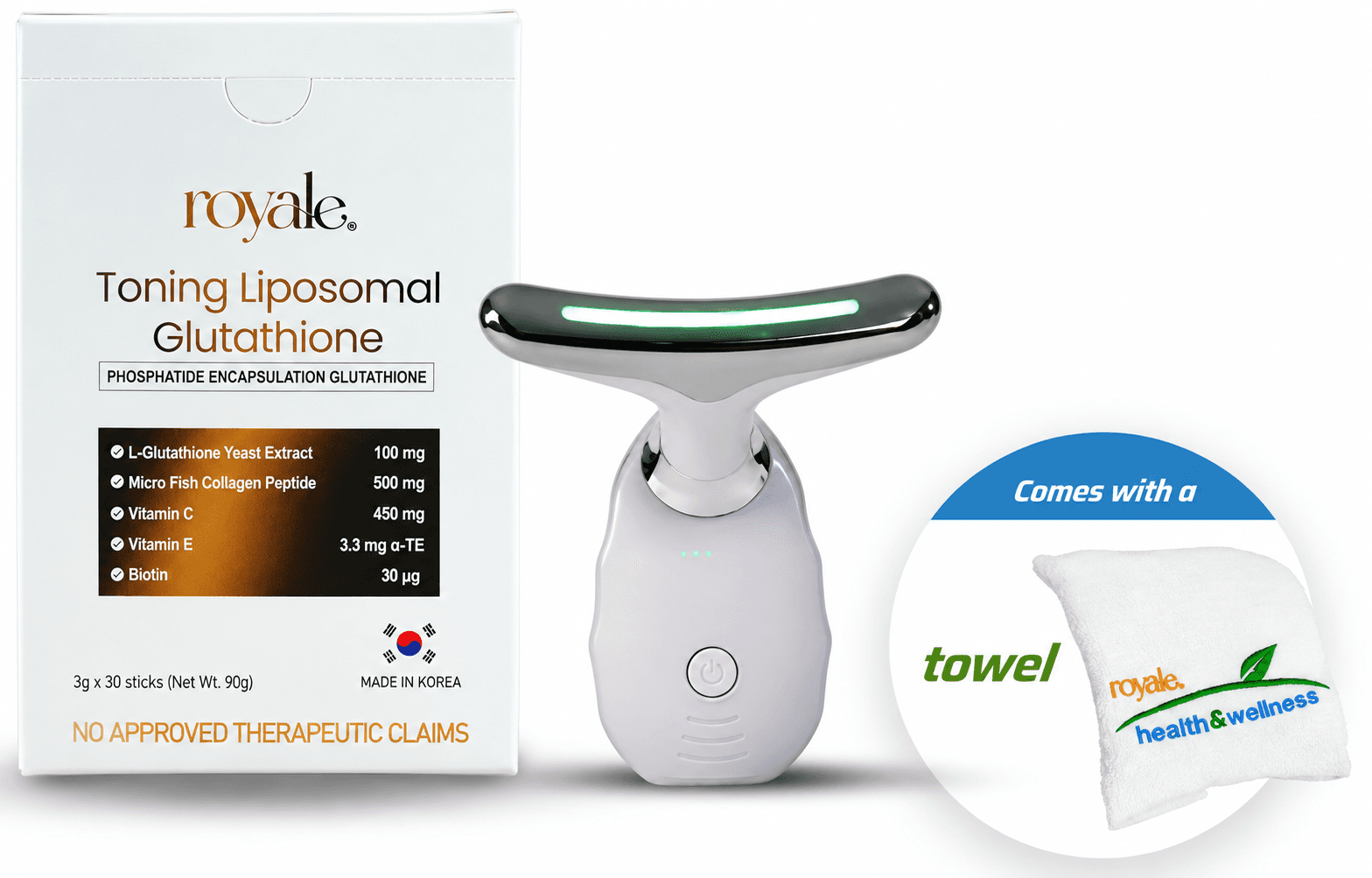 Royale Glow Pro Kit with Toning Liposomal Glutathione, V-Lift beauty device and a Royale towel