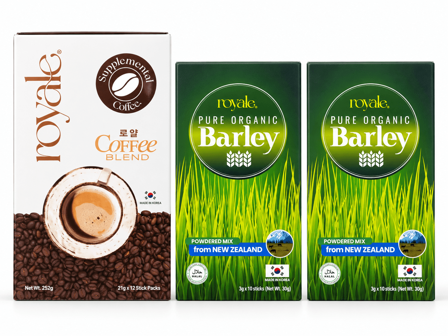 Royale Morning Reset Kit with one Royale Blend Coffee and two Pure Organic Barley packs