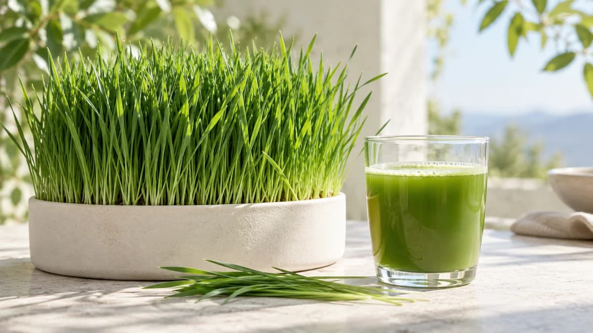 Young barley grass beside a green drink, illustrating the ingredient in Royale Pure Organic Barley