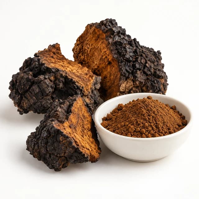 Dark chaga conk pieces beside brown extract powder