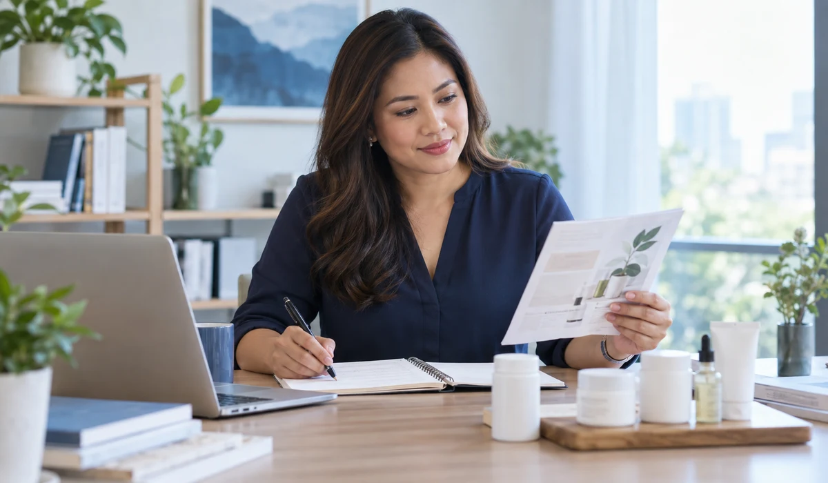 Professional reviewing product information and notes at a modern workspace