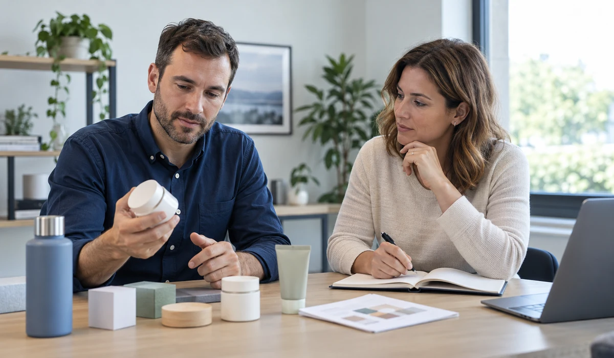 Two professionals discussing a product-based business opportunity in a modern office