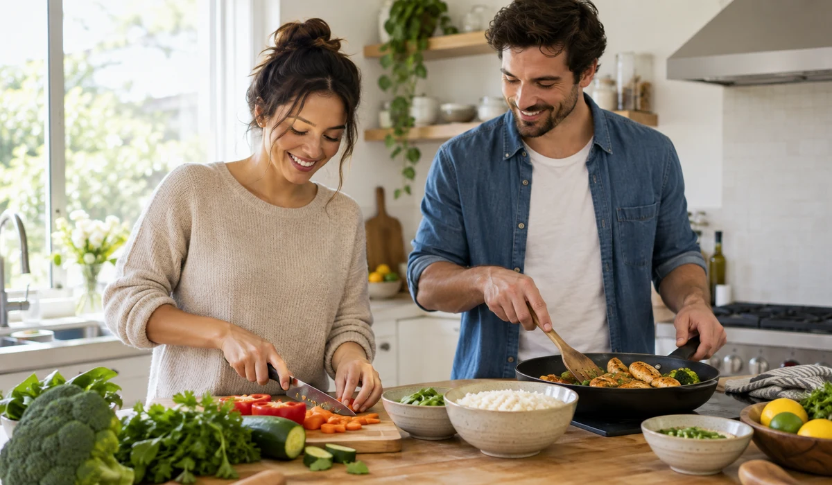 Adults preparing a simple healthy meal as part of an everyday wellness routine
