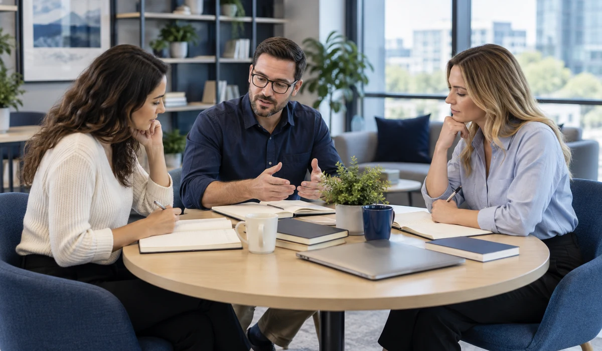 Professionals discussing a structured business learning plan in a modern office