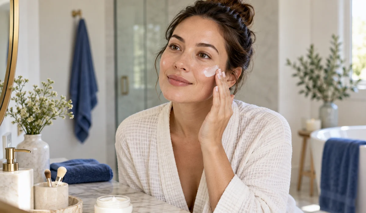 Woman following a simple morning skincare routine