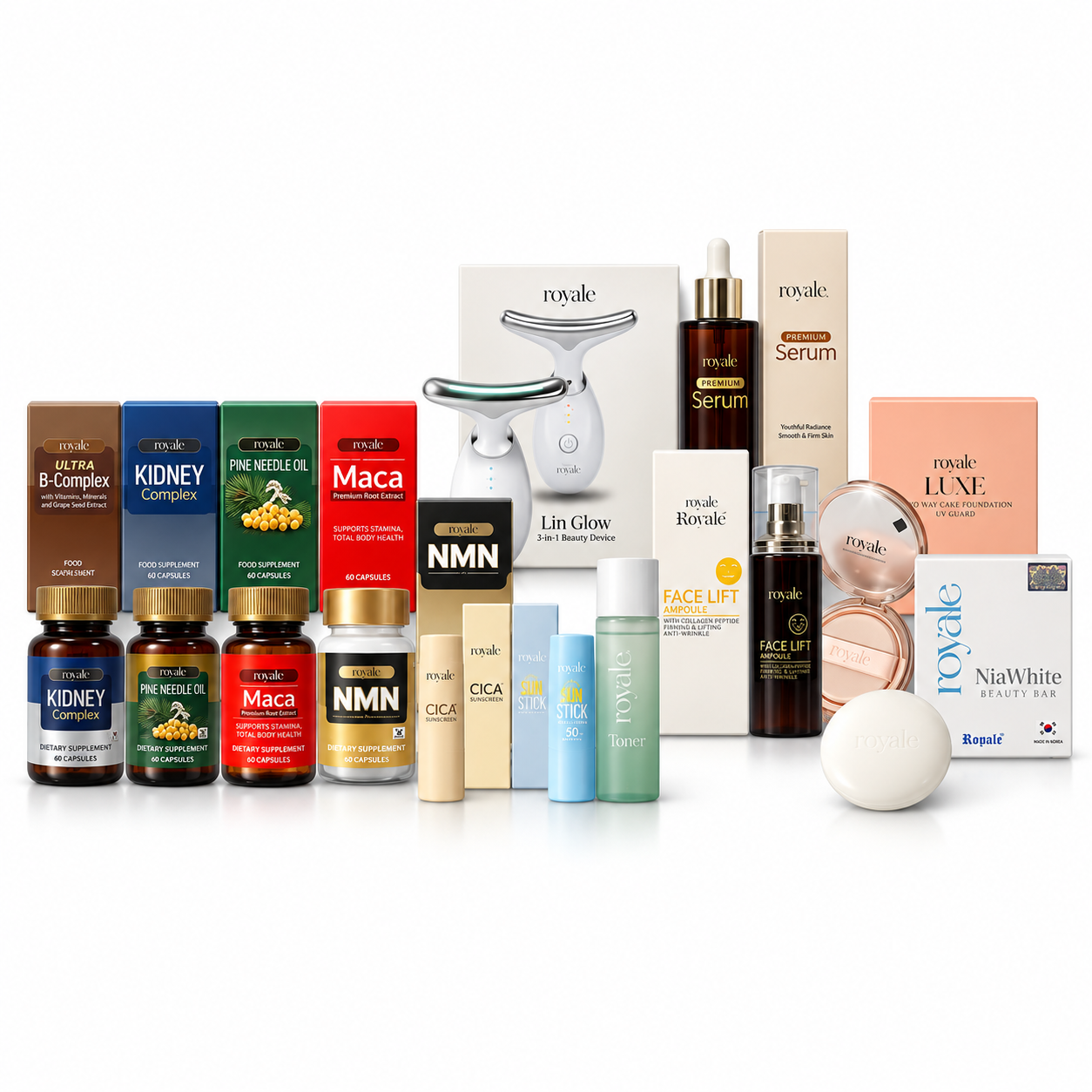 Mixed Royale supplement and skincare product collection