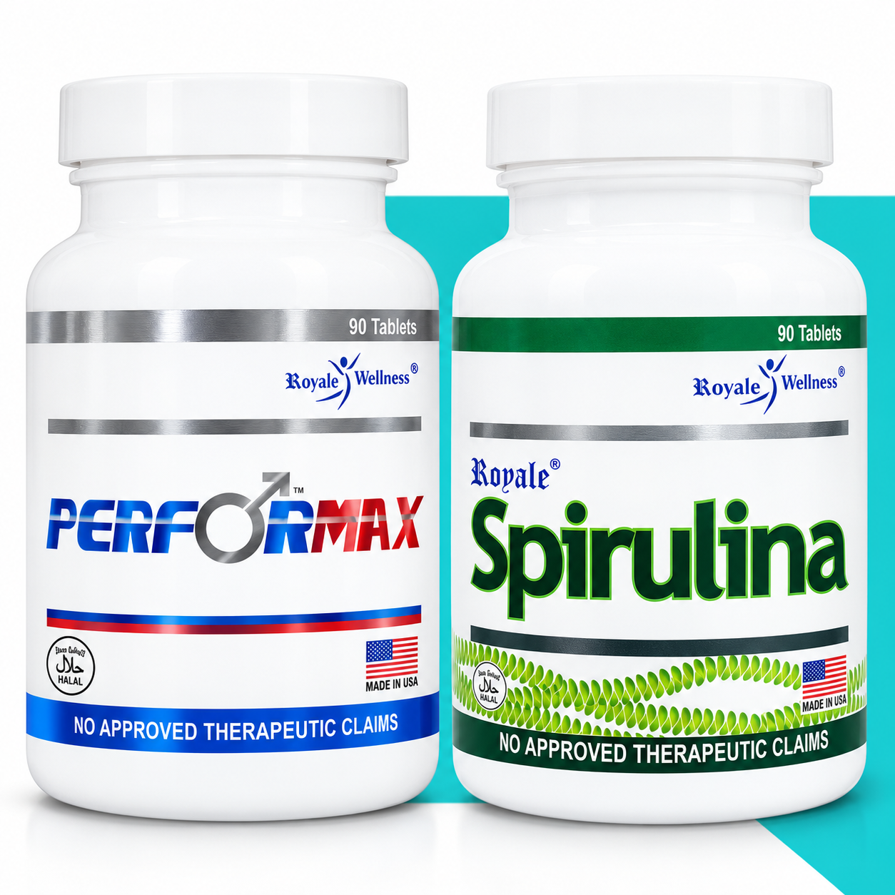 Royale Performax and Spirulina supplement bottles