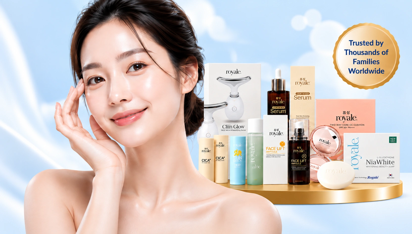 Skincare model beside a Royale beauty collection arranged on a gold platform
